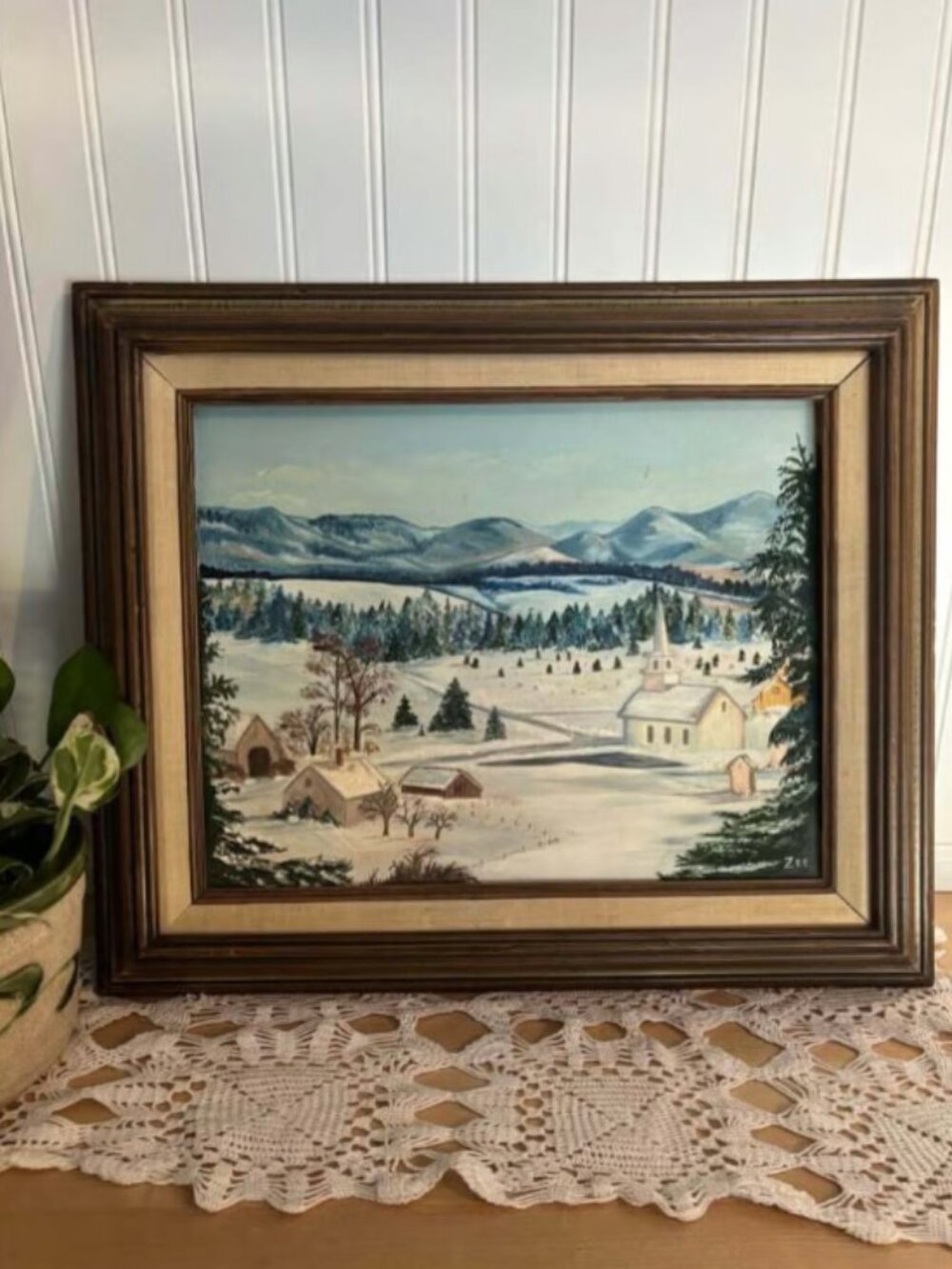 Vintage Winter Cottage Landscape Painting